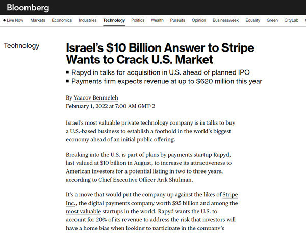 RAPYD ON BLOOMBERG: Israel’s $10 Billion Answer to Stripe Wants to Crack U.S. Market
