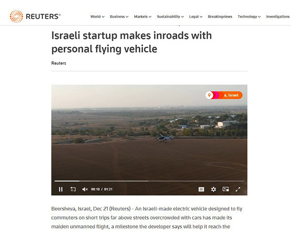 AIR ON REUTERS: Israeli startup makes inroads with personal flying vehicle