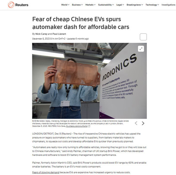 ADDIONICS IN REUTERS: Fear of cheap Chinese EVs spurs automaker dash for affordable cars