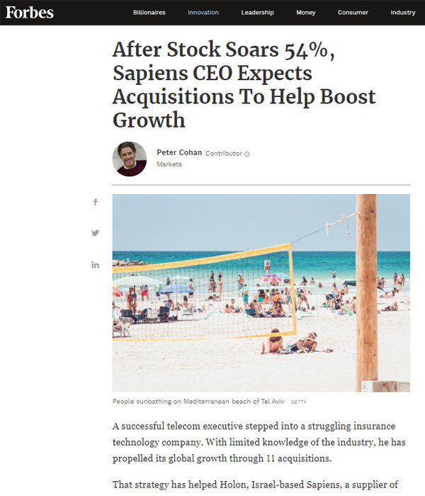 SAPIENS IN Forbes: After Stock Soars 54%, Sapiens CEO Expects Acquisitions To Help Boost Growth