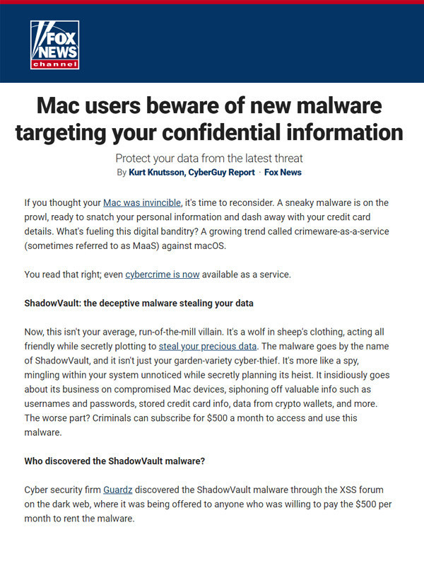 GUARDZ ON FOX NEWS: Mac users beware of new malware targeting your confidential information