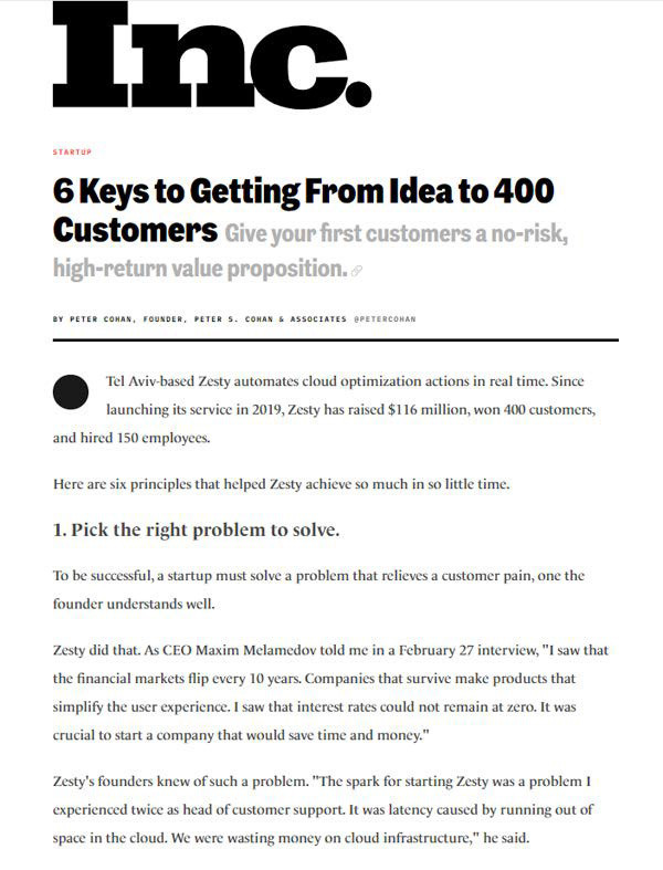 ZESTY IN INC: 6 Keys to Getting From Idea to 400 Customers: Give your first customers a no-risk, high-return value proposition