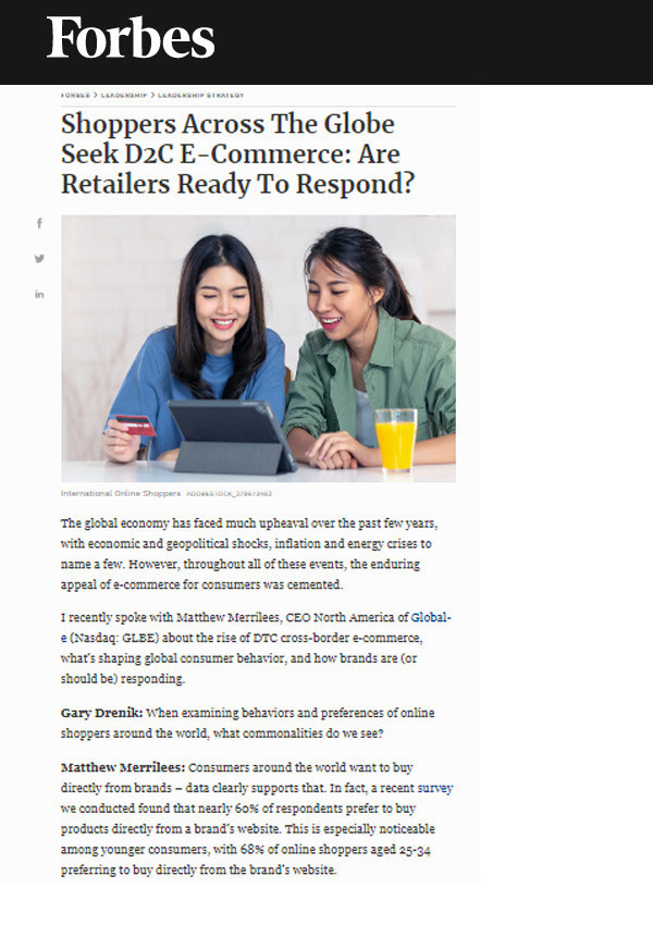GLOBAL-E IN FORBES: Shoppers Across The Globe Seek D2C E-Commerce: Are Retailers Ready To Respond?