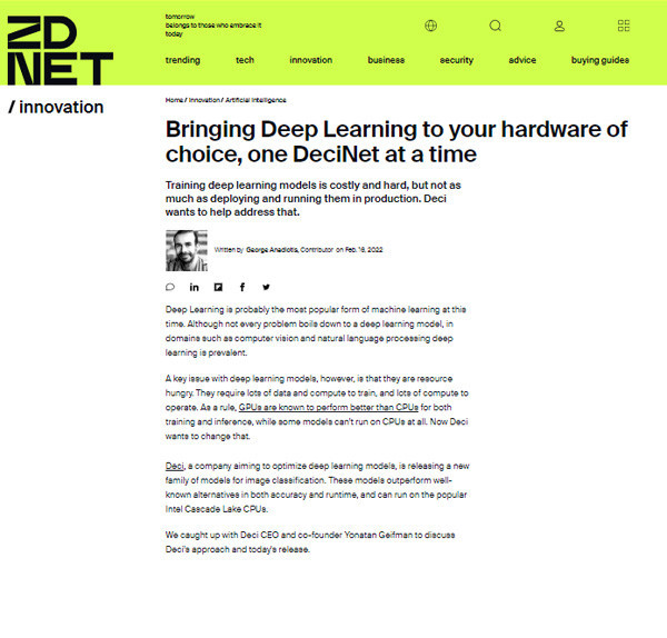 DECI IN ZDNet: Bringing Deep Learning to your hardware of choice, one DeciNet at a time