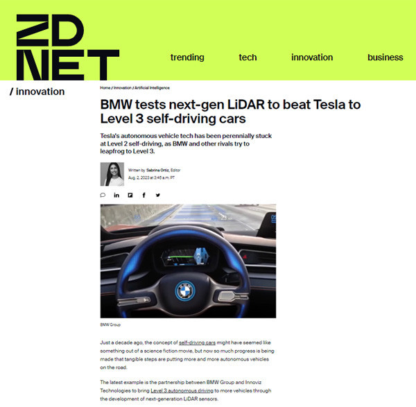 INNOVIZ IN ZDNET: BMW tests next-gen LiDAR to beat Tesla to Level 3 self-driving cars