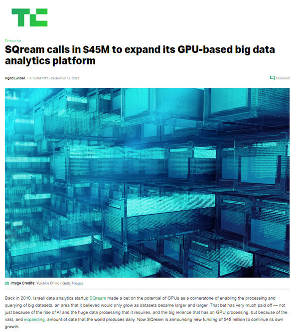 SQream IN TechCrunch: SQream calls in $45M to expand its GPU-based big data analytics platform