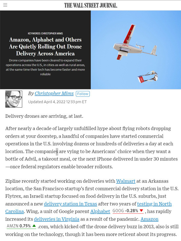 FLYTREX IN WSJ: Amazon, Alphabet and Others Are Quietly Rolling Out Drone Delivery Across America
